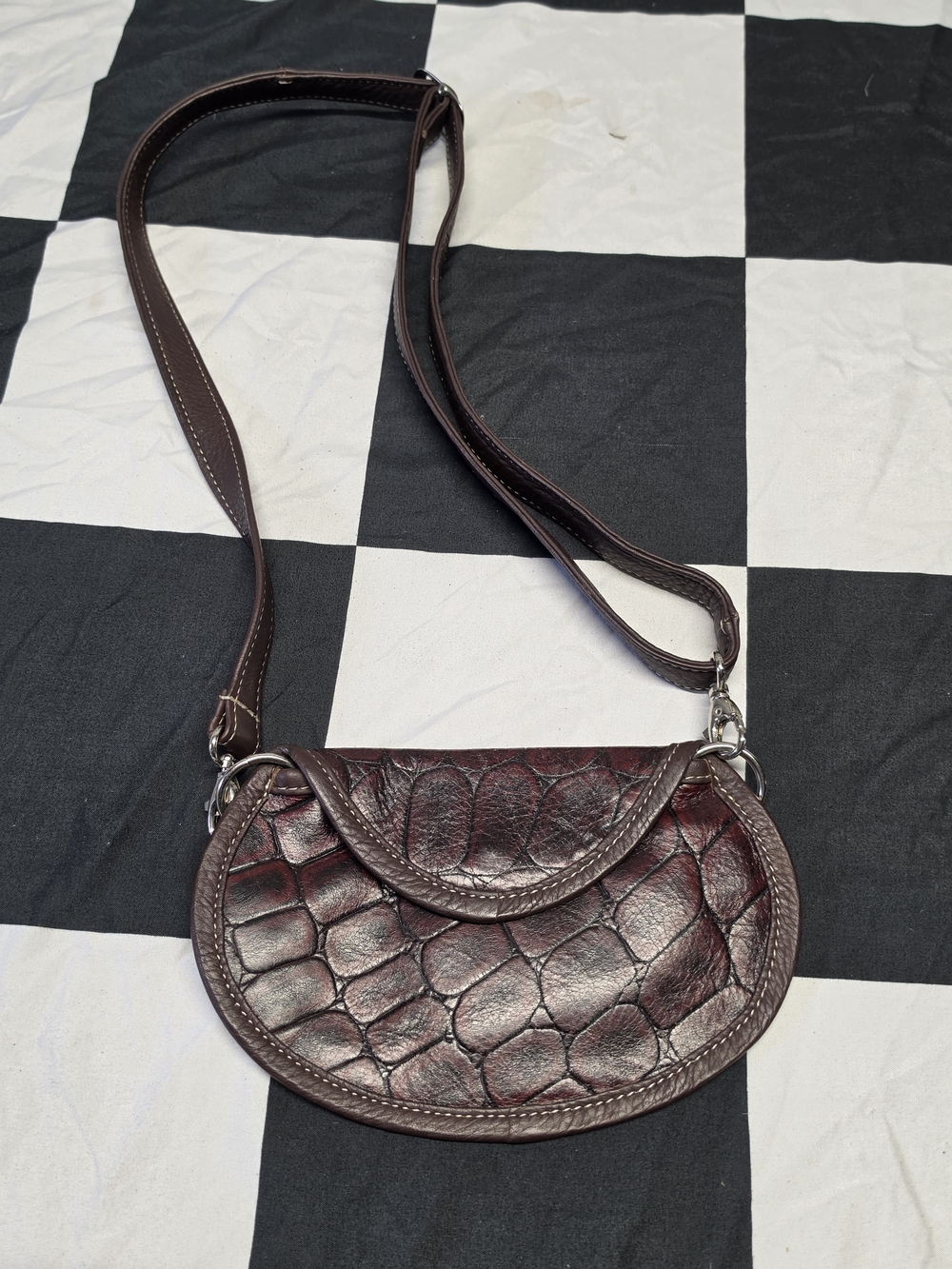 Croc-Embossed Crescent Crossbody Bag in Dark Brown